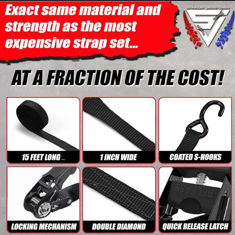 Straight Jacket Crew Ratchet Tie Down Straps (4 Pack) - 1,823lb Max Break Strength incl. (4) Heavy Duty 1" x 15' Rachet Tie Downs with Hooks & Handles Best for Moving Securing Cargo by (Black) - Image 4